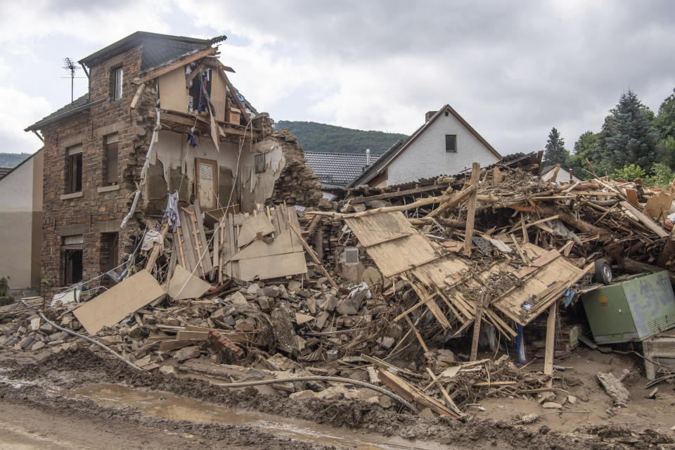 Completely destroyed is this house in Altenahr, Germany, Monday, July 19, 2021. Numerous houses in the town were completely destroyed or severely damaged, there are numerous fatalities. (Julia Cebella/dpa via AP)