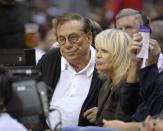 Los Angeles Clippers owners Donald Sterling and his wife Rochelle Stein watch the Clippers play the San Antonio Spurs during the second half of their NBA basketball game, Wednesday, Nov. 7, 2012, in Los Angeles. (AP Photo/Mark J. Terrill)