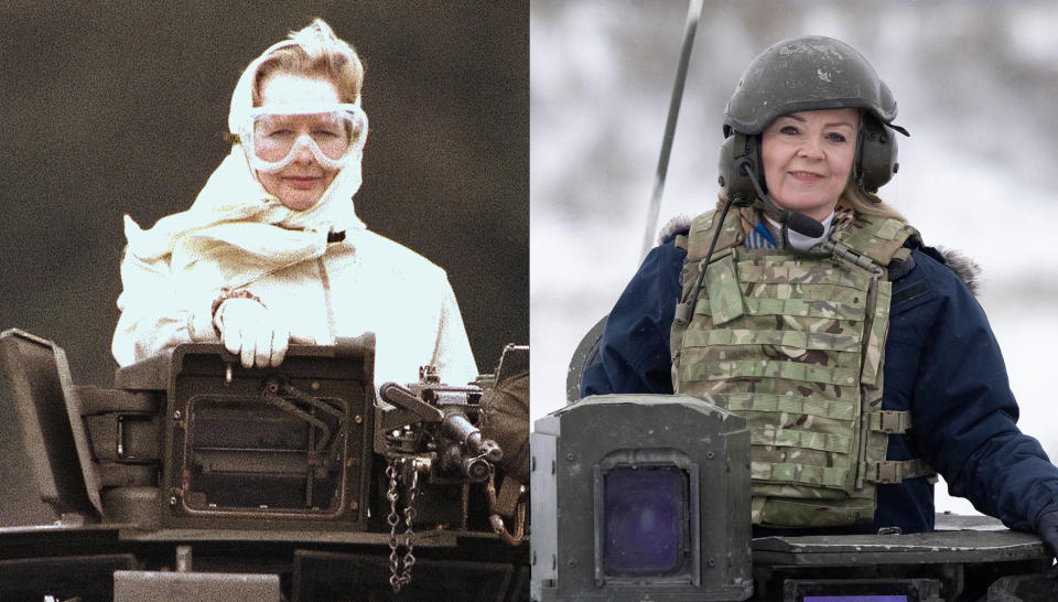 Left, Thatcher visiting British troops in Germany in September 1986. Right, Truss during NATO exercises in Estonia in November.  (AP file / Simon Dawson / No 10 Downing street)