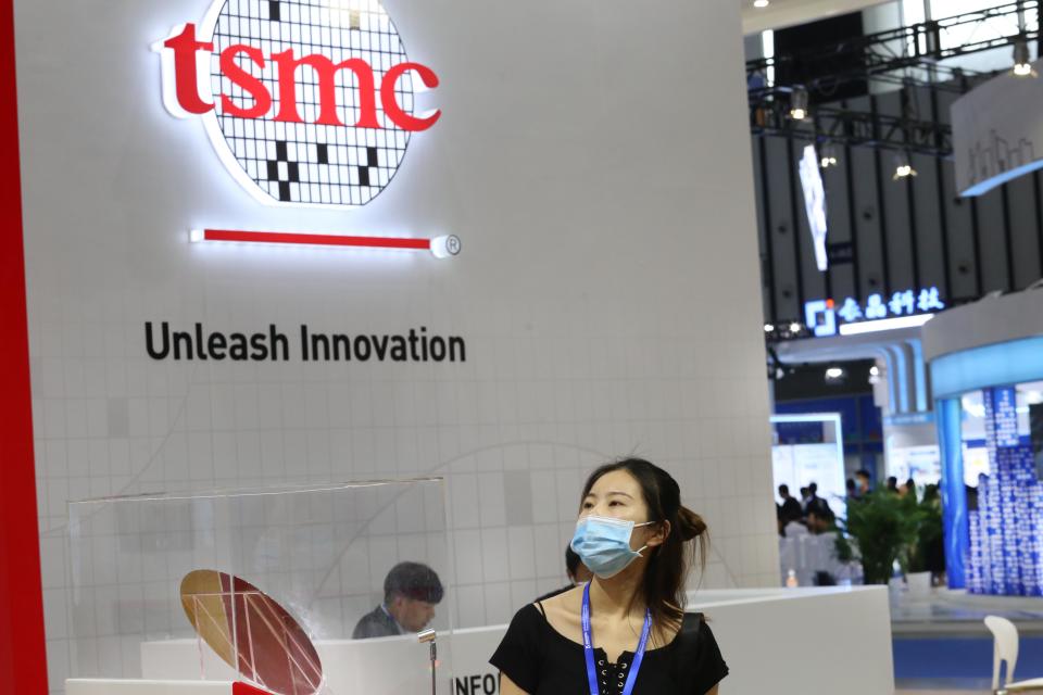 NANJING, CHINA - JUNE 09: People visit the booth of Taiwan Semiconductor Manufacturing Company Limited (TSMC) during 2021 World Semiconductor Conference at Nanjing International Expo Center on June 9, 2021 in Nanjing, Jiangsu Province of China. (Photo by VCG/VCG via Getty Images)