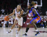 Oklahoma guard Jordan Goldwire, left, pushes past Florida guard Brandon McKissic during the second half of an NCAA college basketball game in Norman, Okla., Wednesday, Dec. 1, 2021. (AP Photo/Kyle Phillips)