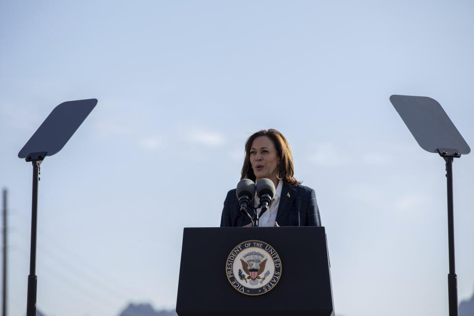 Vice President Kamala Harris speaks at the groundbreaking ceremony of the Ten West Link transmission line, Thursday, Jan. 19, 2023, in Tonopah, Ariz. (AP Photo/Alberto Mariani)