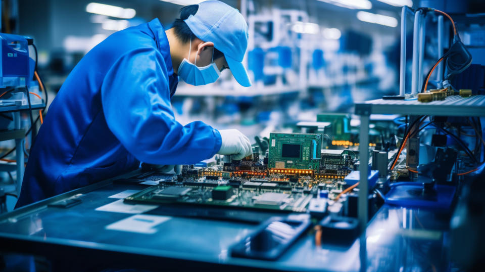 A technician assembling a sensor on an automated assembly line.