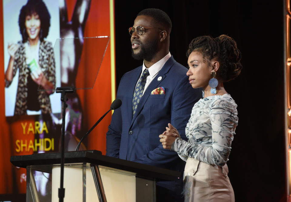 Logan Browning, right, reacts as Winston Duke announces her as a nominee for the 50th annual NAACP Image Awards during TV One's Winter Television Critics Association Press Tour on Wednesday, Feb. 13, 2019, in Pasadena, Calif. (Photo by Chris Pizzello/Invision/AP)