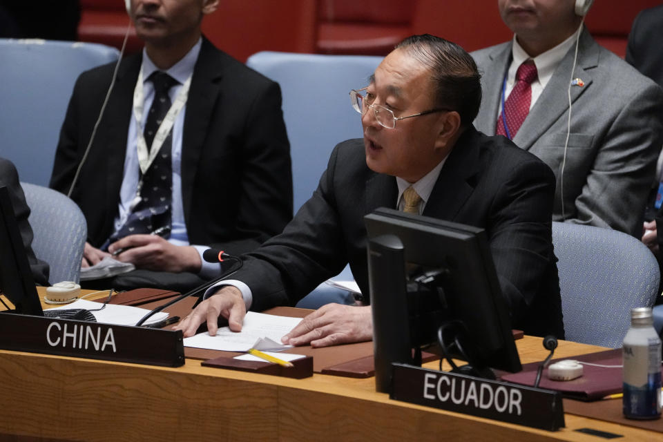 Zhang Jun, Permanent Ambassador of China to the United Nations, speaks as Ignazio Cassis, Federal Councillor for Foreign Affairs of Switzerland and current president of the United Nations Security Council presides over a meeting of the council, Wednesday, May 3, 2023, at United Nations headquarters. (AP Photo/John Minchillo)