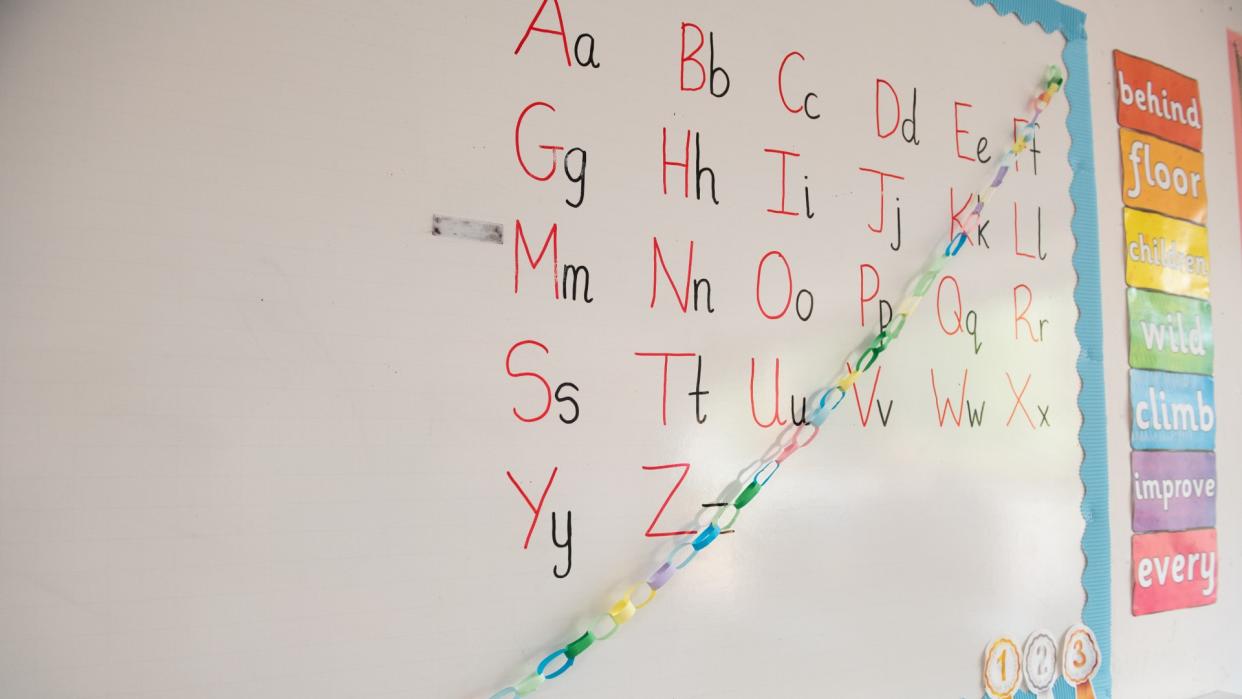  Primary school classroom with phonics on white board. 
