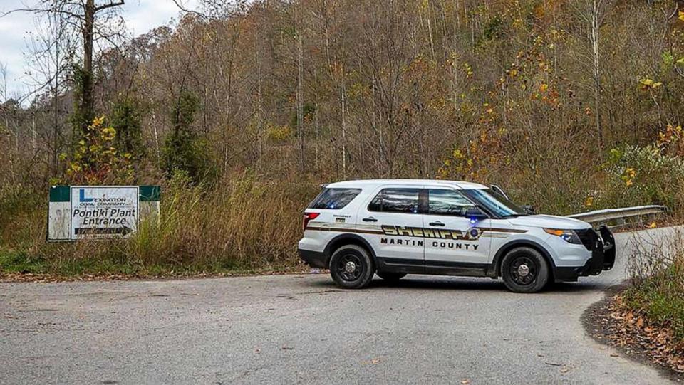 PHOTO: A sheriff's vehicle blocks a road leading to the area where a rescue operation is underway for two workers trapped inside a collapsed coal preparation plant in Martin County, Kentucky, on Nov. 1, 2023. (Ryan C. Hermens/Lexington Herald-Leader via TNS via Newscom)
