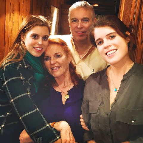 Sarah Ferguson/Instagram Princess Beatrice, Sarah Ferugson, Prince Andrew and Princess Eugenie smile for a selfie.