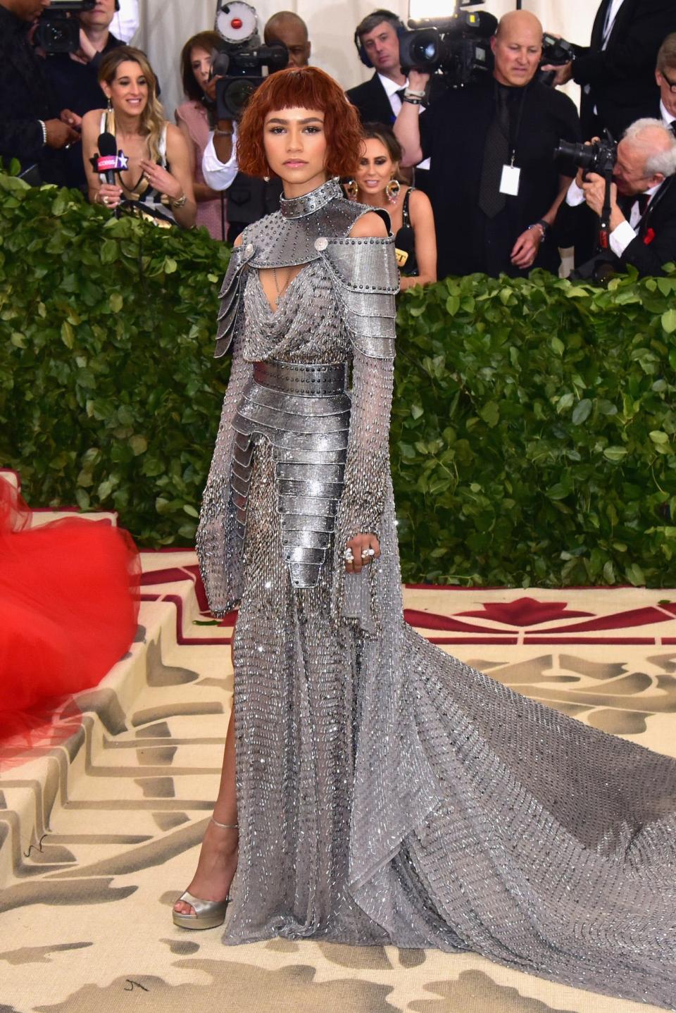 Zendaya on the Met Gala red carpet in a metallic out meant to look like Joan of Arc.