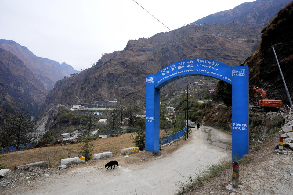 A stray dog walks outside the entrance of a hydropower project outside Joshimath, in India's Himalayan mountain state of Uttarakhand, Jan. 19, 2023. Josimath town is at risk today as unbridled construction to meet rising tourists and accelerate India's hydropower ambitions, coupled with climate change, have exacerbated subsidence, or sinking of land. (AP Photo/Rajesh Kumar Singh)