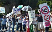 <p>Demonstrators protesting President Trump hold signs on Feb. 20, 2017, in Palm Beach, Fla. (Nicholas Kamm/AFP/Getty Images) </p>