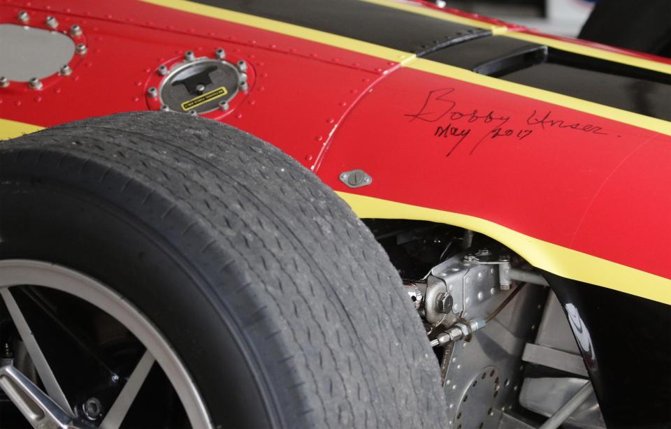 A 1967 Eagle carries the signature of three-time Indianapolis 500 winner Bobby Unser, who drove it parts of three seasons. Unser died last year.