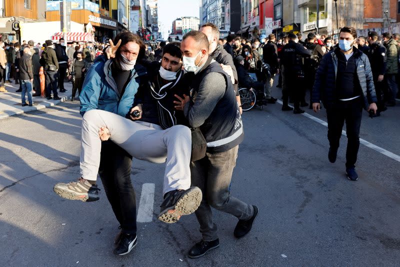 People attend a demonstration in Istanbul