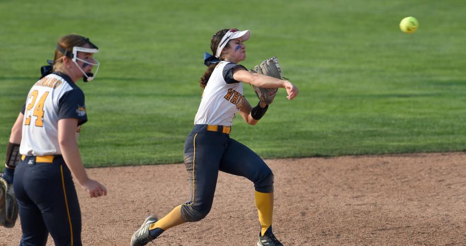 Shortstop Alyssa VanBrandt fires to first base in the later innings as the Bobcats beat Laingsburg 8-0 in the Division 3 state semifinals at Seehia Stadium, MSU Friday, June 16, 2023.