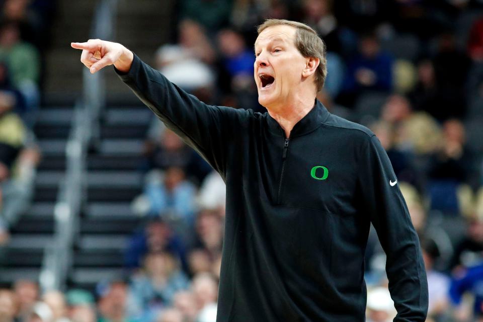 Oregon Ducks head coach Dana Altman calls out to his team during the second half of the game against the South Carolina Gamecocks in the first round of the 2024 NCAA Tournament at PPG Paints Arena March 21 in Pittsburgh, Pennsylvania.