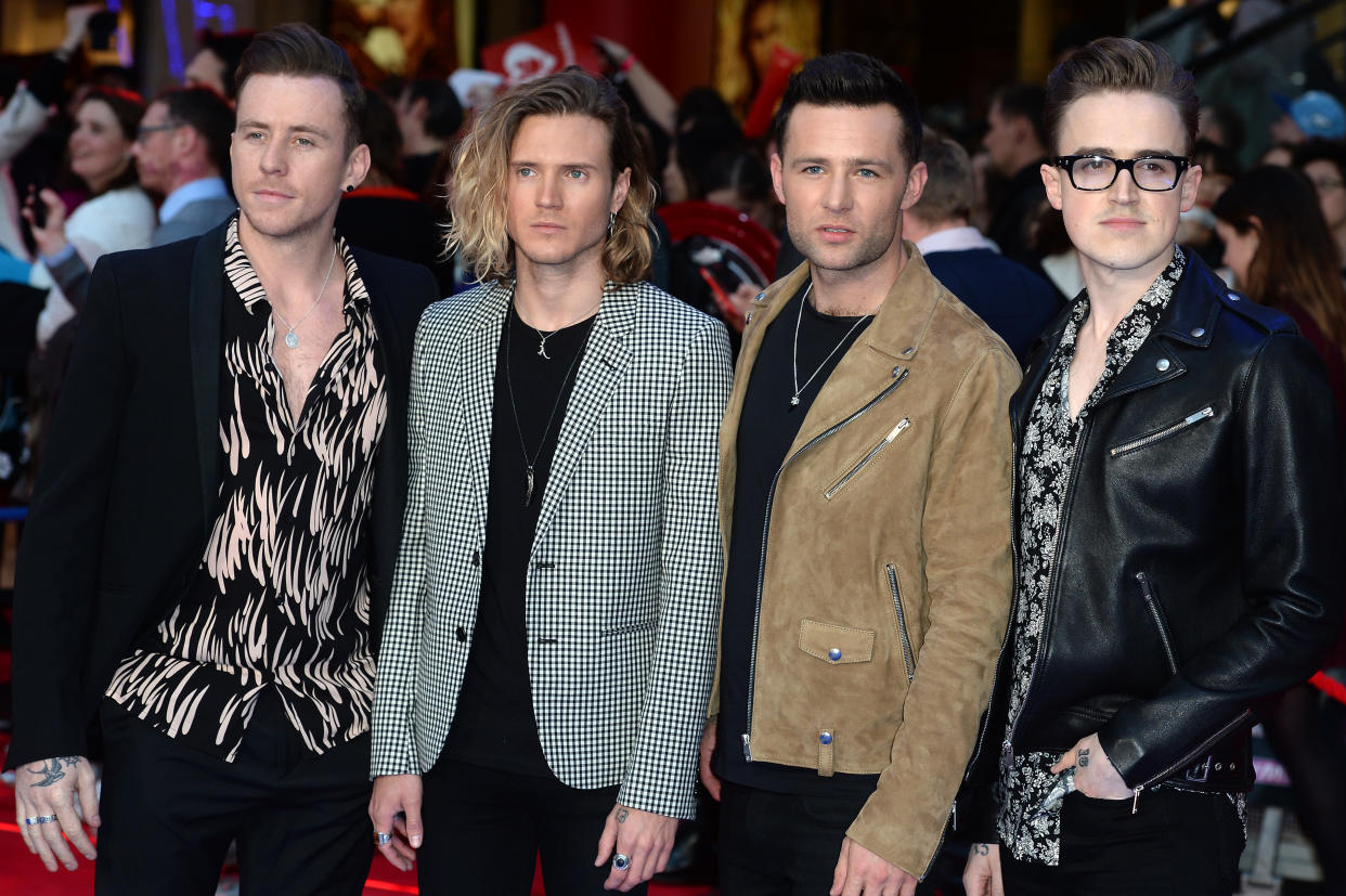McFly (left to right) Dougie Poynter, Danny Jones, Harry Judd and Tom Fletcher arriving for the Captain America: Civil War European Premiere at the Vue Westfield, London. Tuesday 26th April 2016. Picture Credit Doug Peters EMPICS Entertainment 