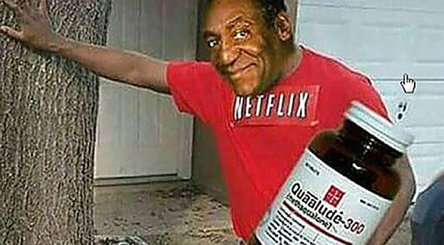 One of posts (above) shows Bill Cosby holding a Quaalude bottle and lobbing a pill into a cocktail drink. Source: Facebook.