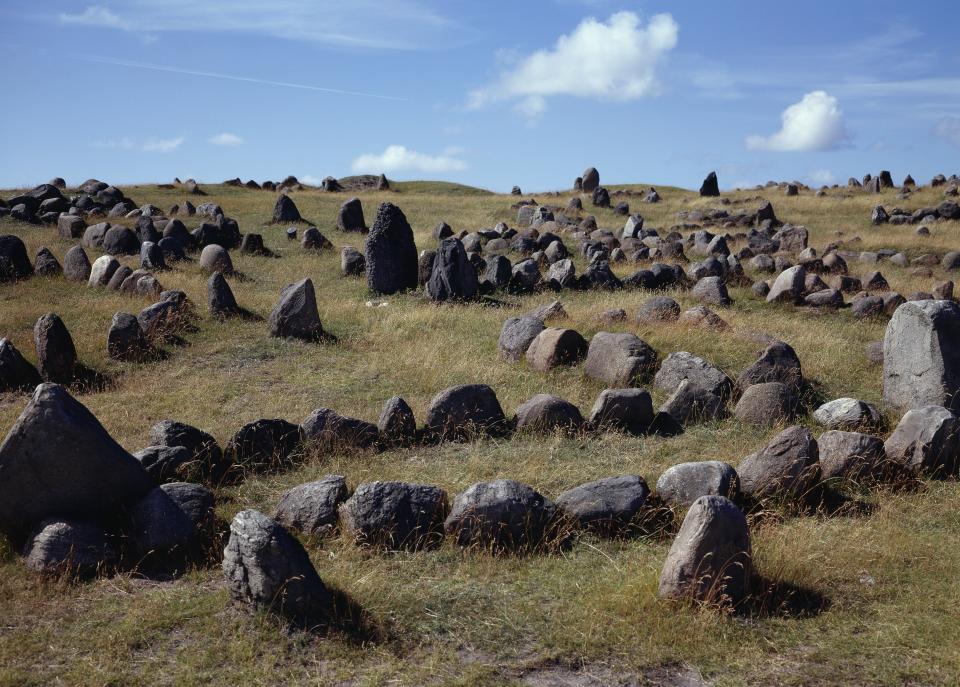 DENMARK - CIRCA 2003: Tombs in the shape of a ship, Lindholm Hoje viking burial site, Aalborg, Denmark. Viking civilisation, 9th-11th century. (Photo by DeAgostini/Getty Images)