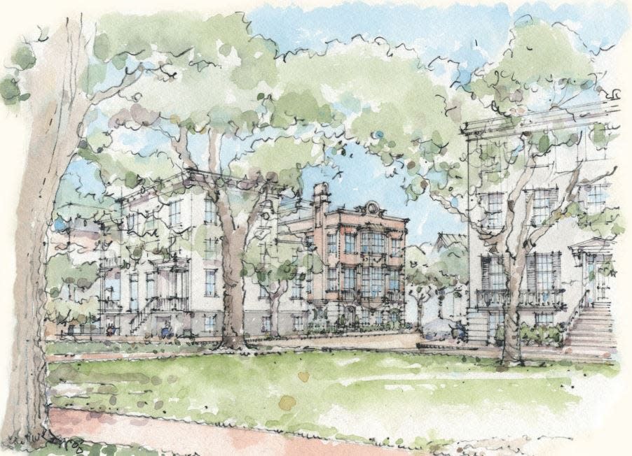 A conceptual view from Pulaski Square of the house at 336 Barnard Street (tan house).