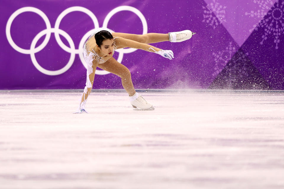 Karen Chen of the United States competes during the Ladies Single Skating Short Program on day twelve of the PyeongChang 2018 Winter Olympic Games at Gangneung Ice Arena on February 21, 2018 in Gangneung, South Korea