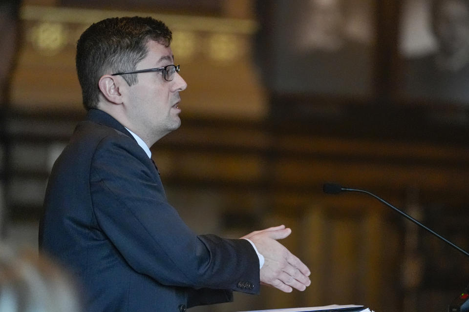 Benjamin Jones speaks during oral arguments before the Indiana Supreme Court at the Statehouse in Indianapolis, Monday, Feb. 12, 2024. GOP Senate candidate, John Rust, who is suing to appear on the primary ballot. A trial judge ruled in December that a state law that stipulates candidates must vote in two primary elections with their party is unconstitutional. The state appealed the ruling. (AP Photo/Michael Conroy, Pool)