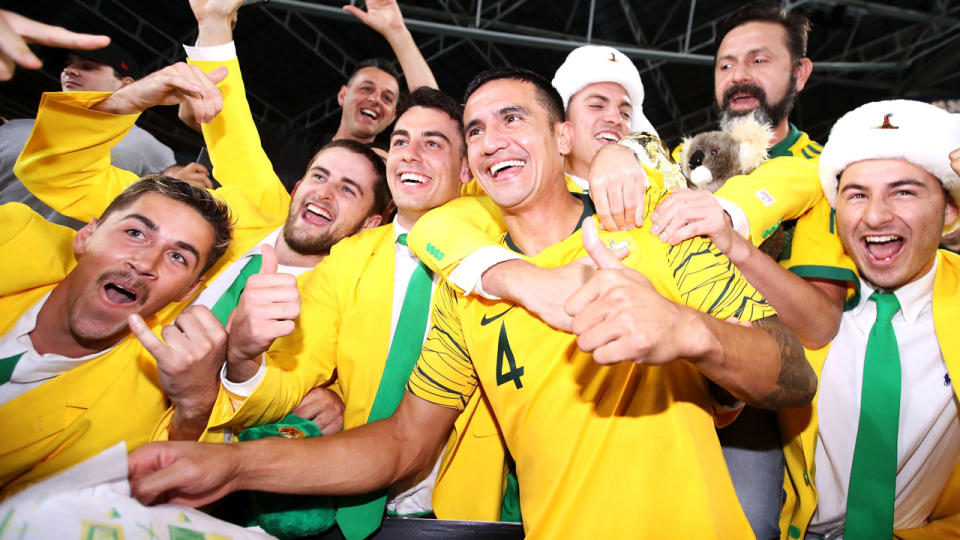 Tim Cahill couldn’t get enough of the farewell at ANZ Stadium. Pic: Getty