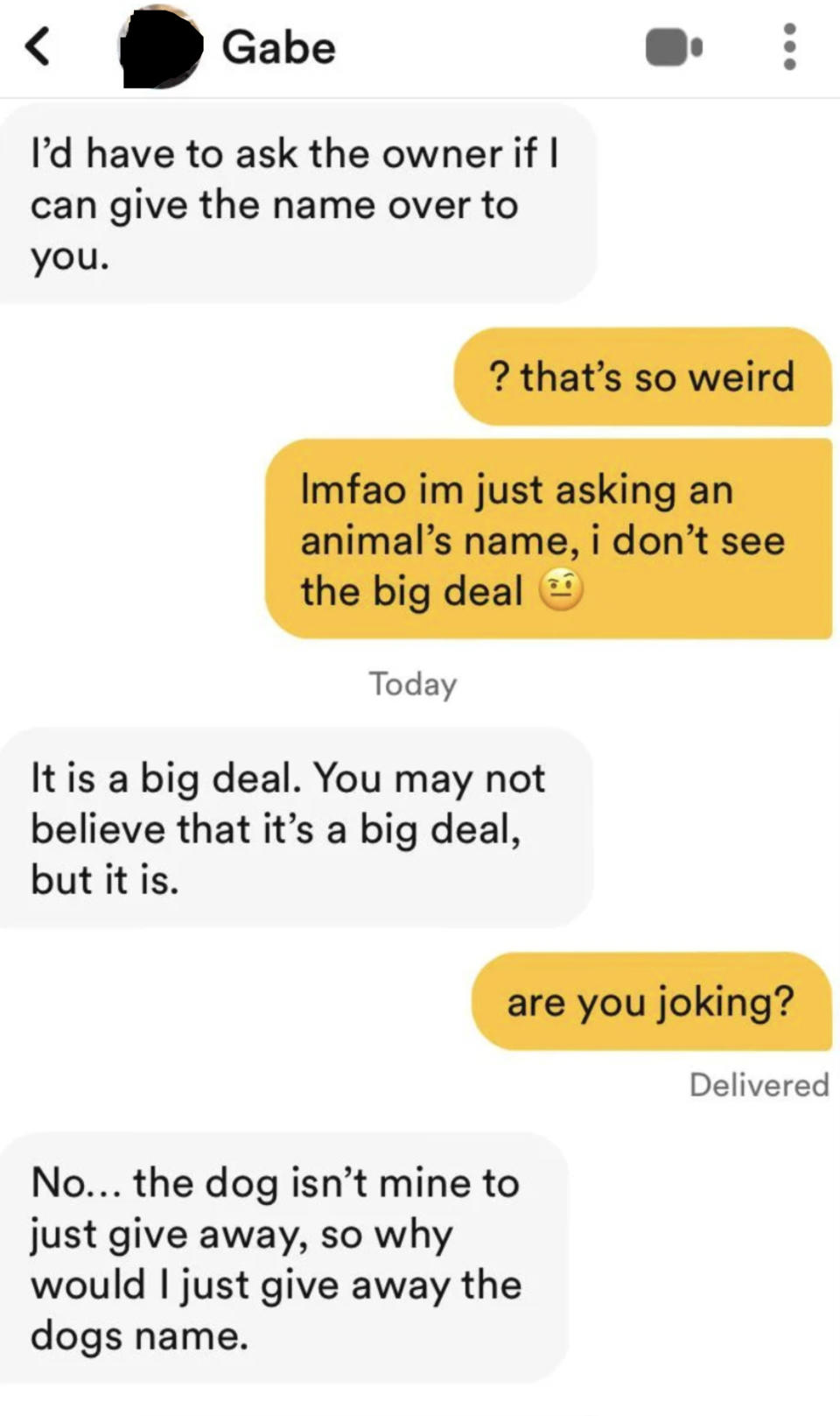 Screenshot of a Bumble exchange