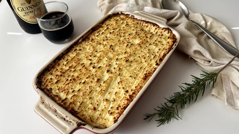 cottage pie in baking dish with wine