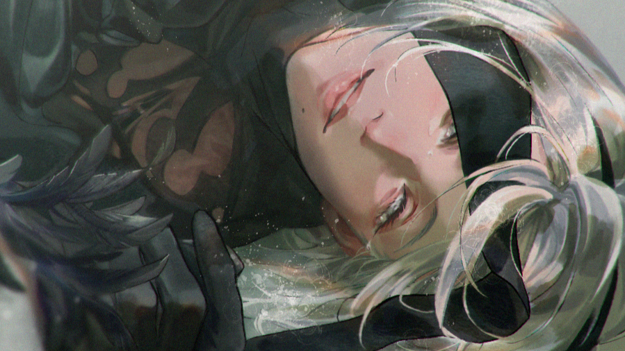  Nier art showing protagonist 2B lying on the ground. 