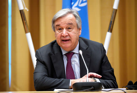 United Nations Secretary General Antonio Guterres speaks at the Yemen peace talks closing press conference at the Johannesberg castle in Rimbo, near Stockholm December 13, 2018. TT News Agency/Pontus Lundahl via REUTERS/File Photo