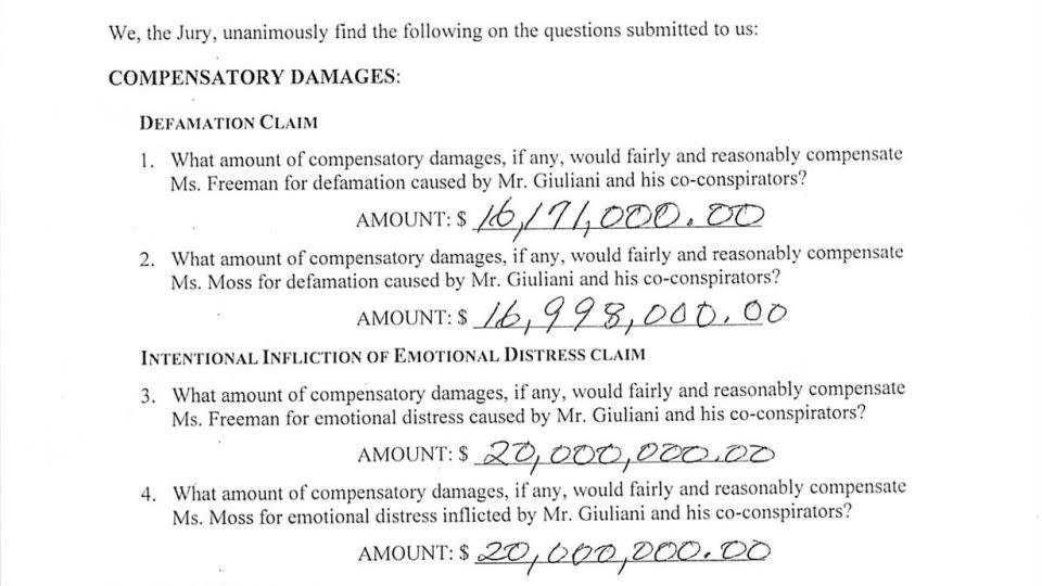 Verdict form in Rudy Giuliani federal defamation trial, December 15, 2023. - US District Court for the District of Columbia