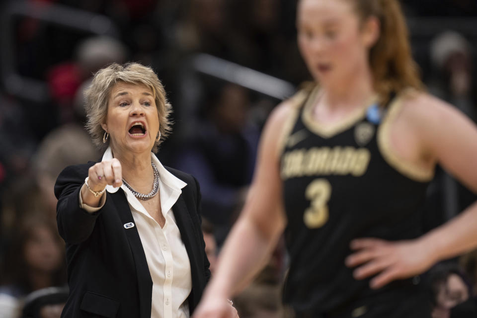 Iowa coach Lisa Bluder shouts to the team during the first half of a Sweet 16 college basketball game against Colorado in the women's NCAA tournament Friday, March 24, 2023, in Seattle. (AP Photo/Stephen Brashear)