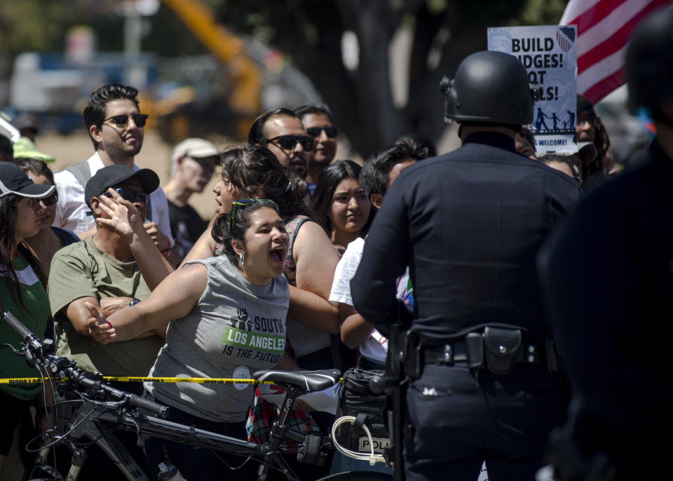 Protesters participate in a May Day march in Los Angeles, May 1, 2017. Thousands of Americans took to the streets in major U.S. cities to join demonstrations for the rights of workers, women and immigrants.