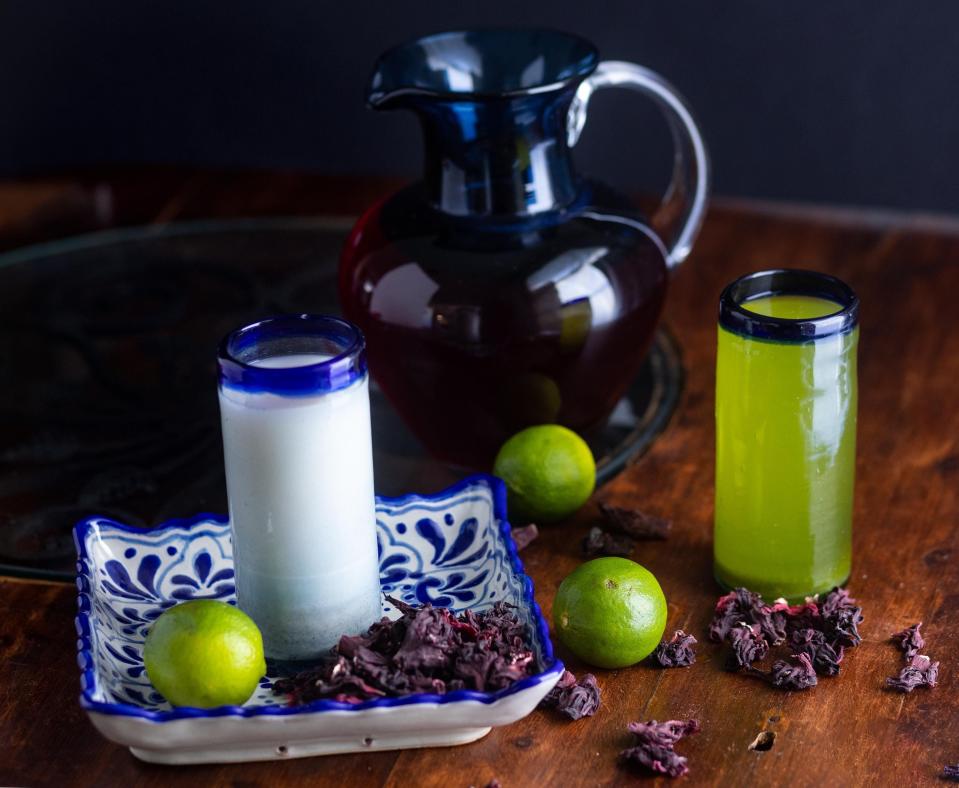 I take summer-sipping inspiration from local chef Aurora Garcia Ramos, who makes a variety of aguas frescas.  Shown here, from left: rice horchata, Mexican hibiscus and lime.