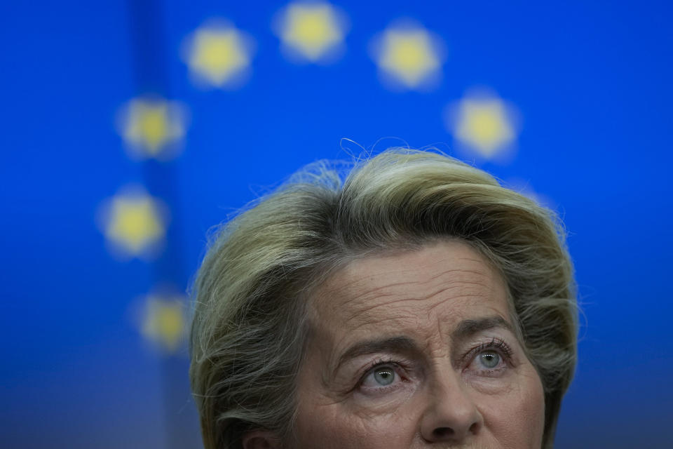 European Commission President Ursula von der Leyen speaks during a joint news conference with European Council President Charles Michel ahead of the G7 summit, at the EU headquarters in Brussels, Thursday, June 10, 2021. Charles Michel and Ursula von der Leyen will attend the G7 summit in Cornwall, southwest England. (AP Photo/Francisco Seco, Pool)
