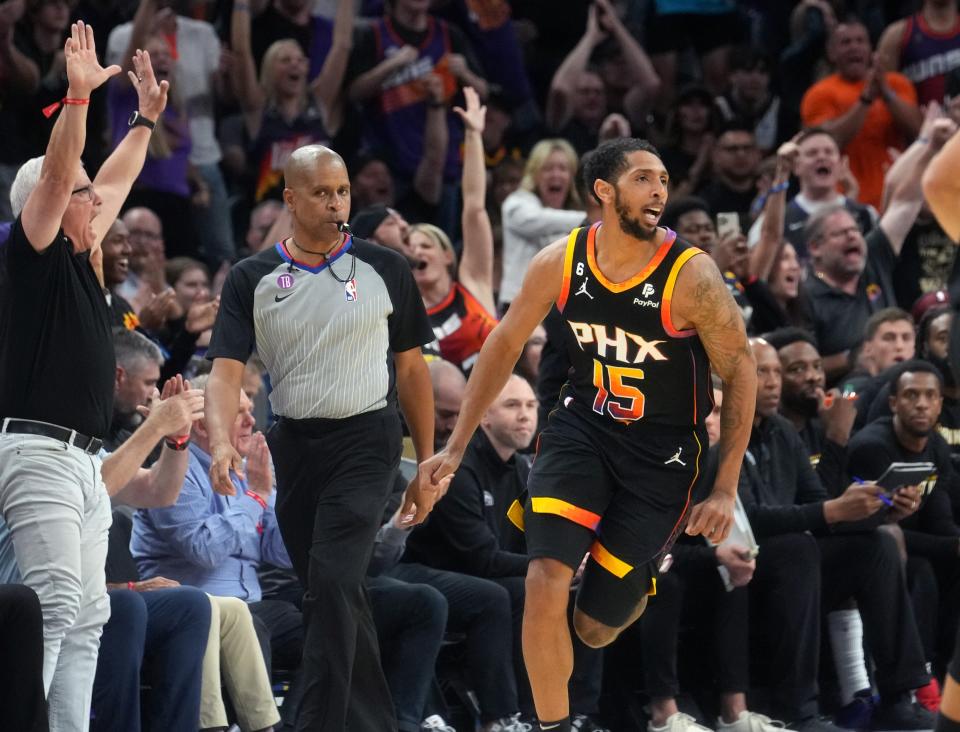 Phoenix Suns guard Cameron Payne (15) runs down the floor after his team scores against the Denver Nuggets during Game 3 of the Western Conference Semifinals at the Footprint Center in Phoenix on May 5, 2023.