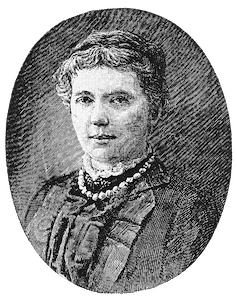 An etched medallion portrait of a woman in black and white.