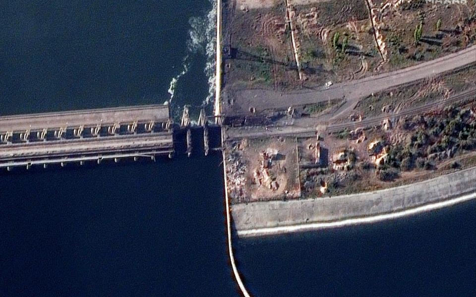 A damaged section of Nova Kakhovka dam - Maxar Tech/AFP via Getty Images