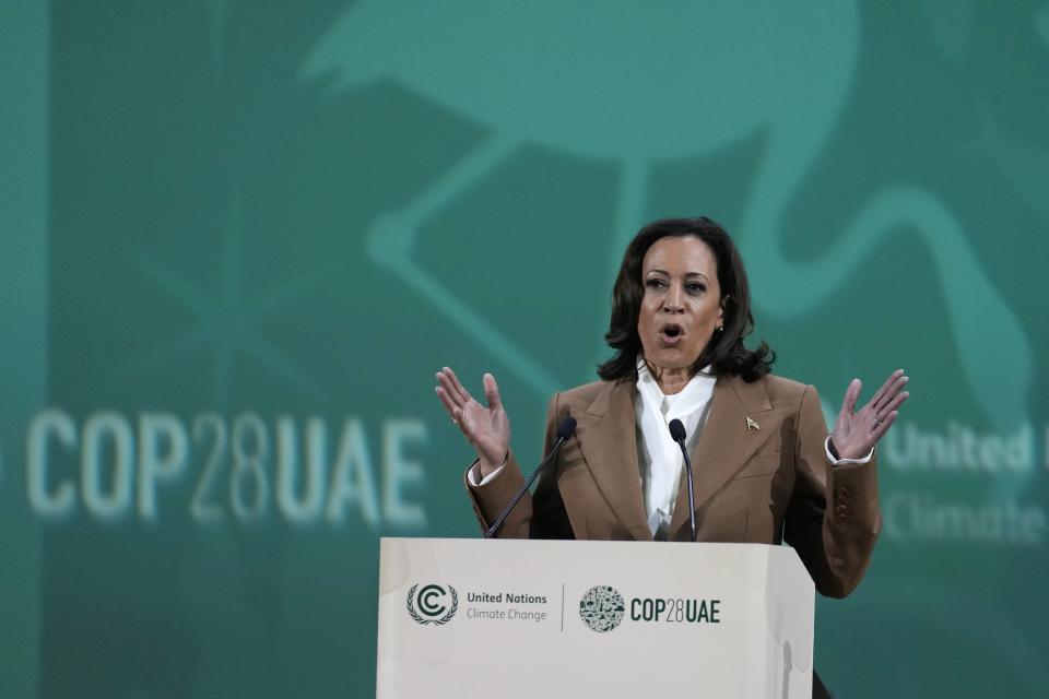 La vicepresidenta Kamala Harris habla en la Cumbre del Clima de la ONU COP28, el sábado 2 de diciembre de 2023, en Dubai, Emiratos Árabes Unidos. (AP Foto/Kamran Jebreili)