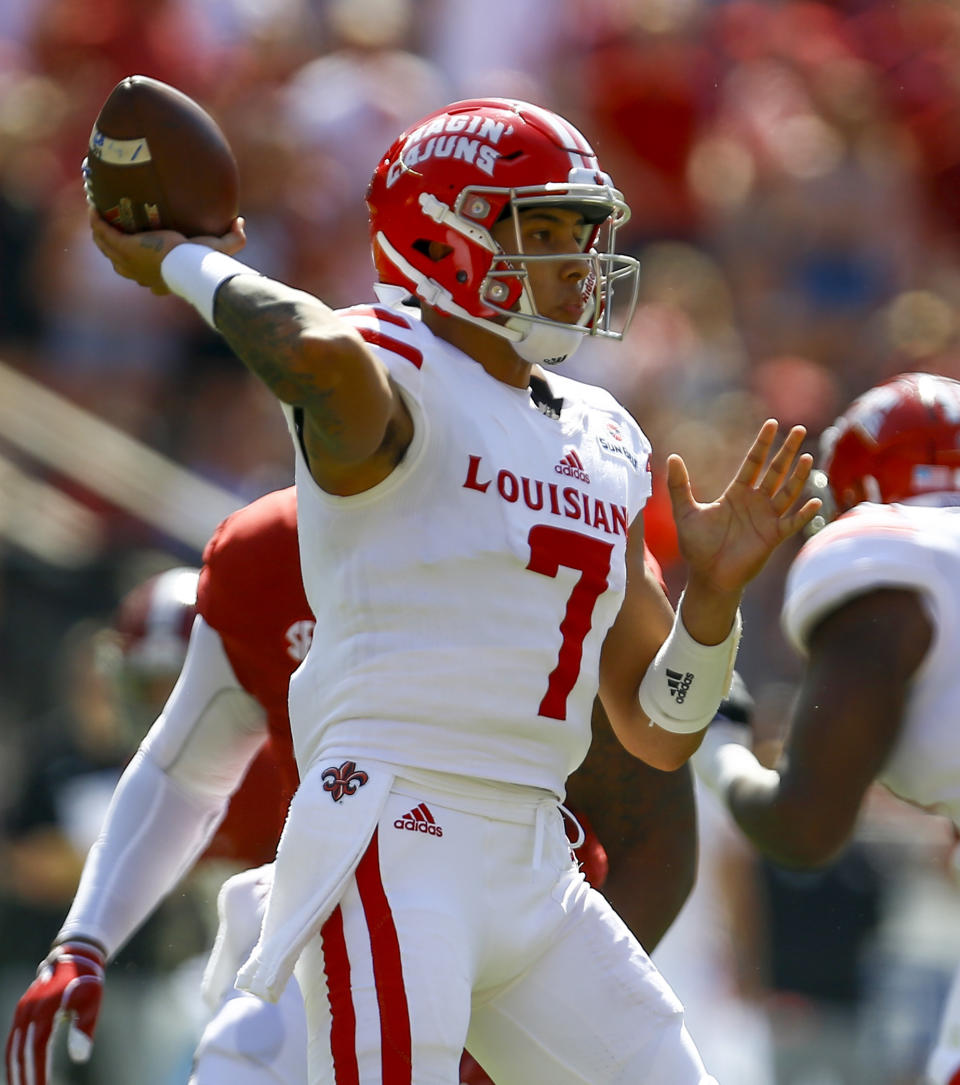 Louisiana-Lafayette quarterback Andre Nunez (7) throws a pass during the first half of an NCAA college football game against Alabama, Saturday, Sept. 29, 2018, in Tuscaloosa, Ala. (AP Photo/Butch Dill)