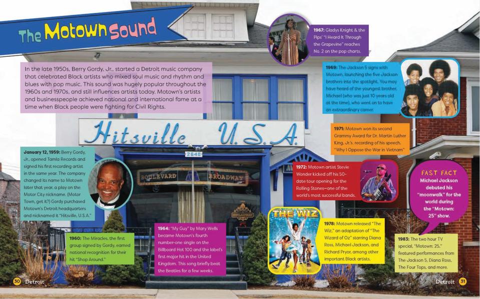 "Super Cities! Detroit" is peppered with facts and photos as this inside page about the Motown sound illustrates.