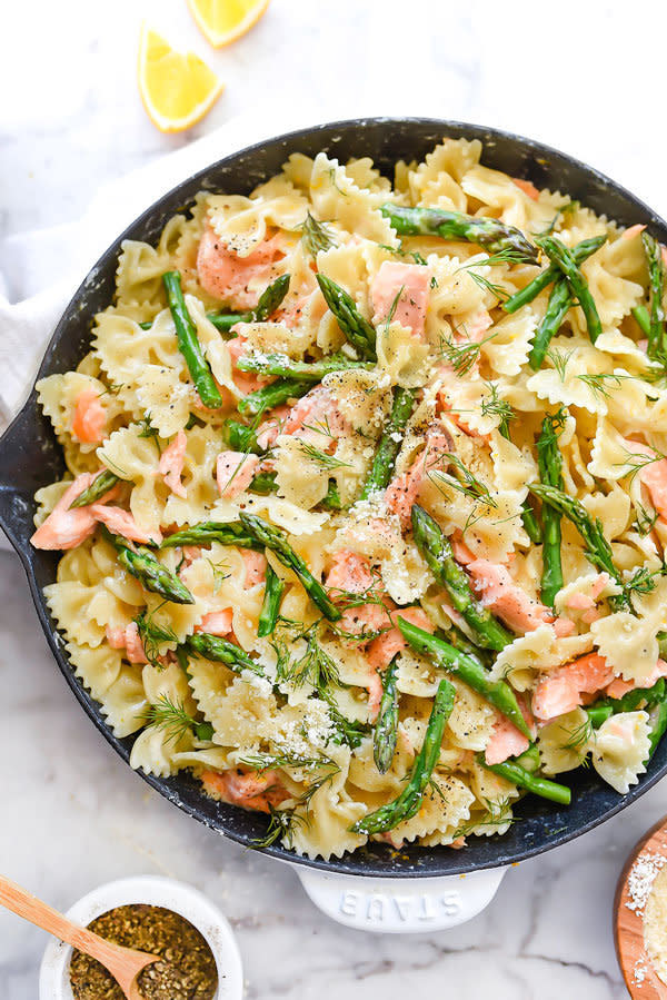 <strong>Get the <a href="https://www.foodiecrush.com/creamy-pasta-salmon-asparagus/" target="_blank">Creamy Pasta with Salmon and Asparagus </a>recipe from Foodie Crush</strong>