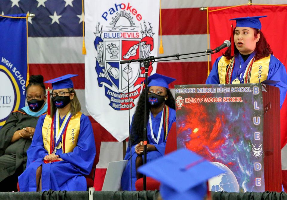 Jasmine Calderon, Pahokee High School's valedictorian, delivers her commencement speech during graduation at the South Florida Fairgrounds.