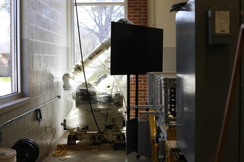 A robot that was donated to NEMCC has been sitting unused in Brian Warren’s classroom for four years because there is not enough space to safely train students on it. Molly Minta/Mississippi Today