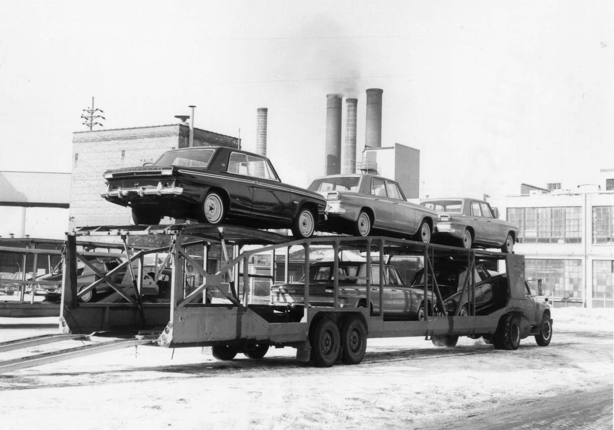 As 1963 draws to a close, the last shipment of South Bend-made Studebakers leaves the factory in this December 1963 photo.
