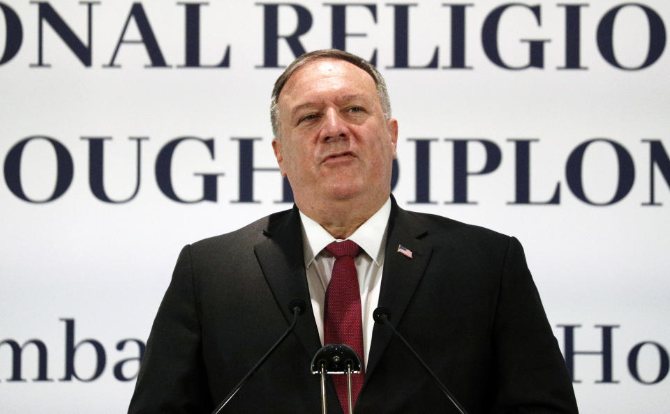 U.S. Secretary of State Mike Pompeo delivers his speech during the "Advancing and Defending International Religious Freedom Through Diplomacy" symposium, in Rome, Wednesday, Sept. 30, 2020. (Guglielmo Mangiapane/Pool Photo via AP)