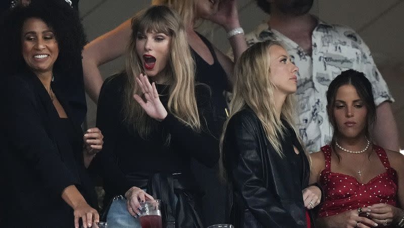 Taylor Swift, second from left, and Brittany Mahomes, second from right, watch play between the New York Jets and the Kansas City Chiefs during the second quarter of an NFL football game, Sunday, Oct. 1, 2023, in East Rutherford, N.J.