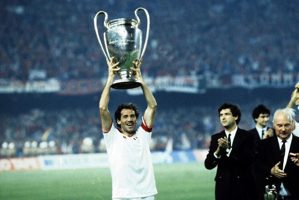 Franco Baresi of Milan lifts the European Cup in 1989.