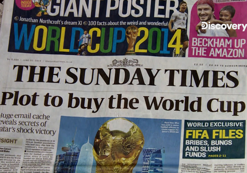 《星期日泰晤士報》揭露世界盃的舞弊。Discovery