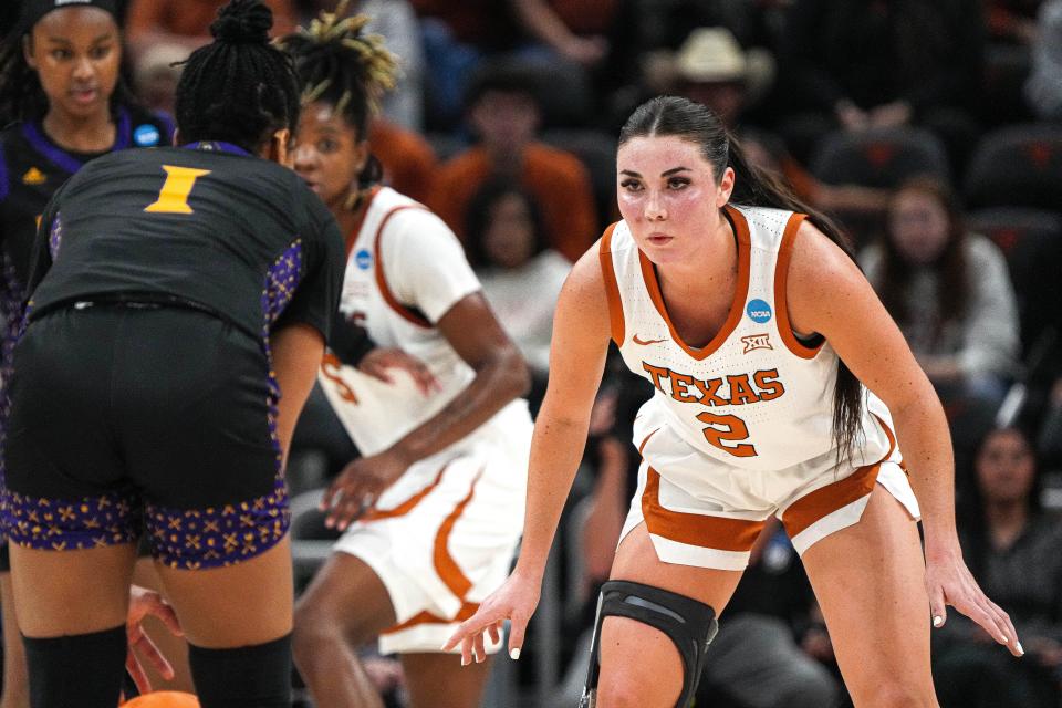 Texas guard Shaylee Gonzales guards East Carolina guard Micah Dennis during Saturday's first-round win for the Longhorns in the NCAA Tournament. Texas meets No. 5-seeded Louisville on Monday with a berth in the Sweet 16 on the line.